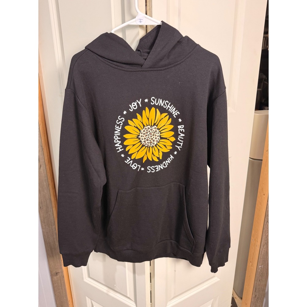 Wear It To Heart Sunflower Leopard Print Black Pullover Hoodie Sweatshirt Small